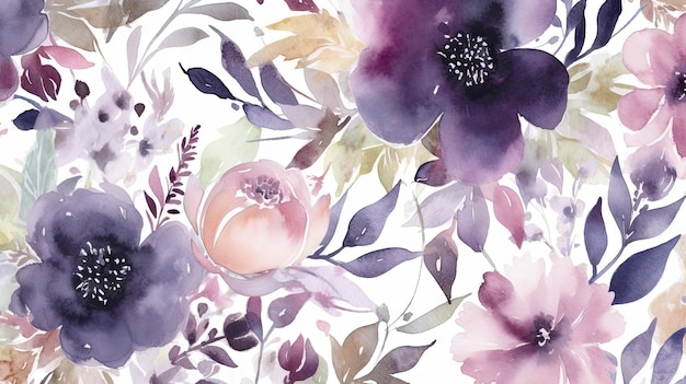Een aquarel schilderij van een florale achtergrond met paarse bloemen.