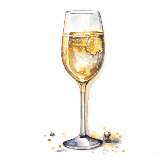 Een aquarel schilderij van een glas champagne met een schijfje citroen erin.