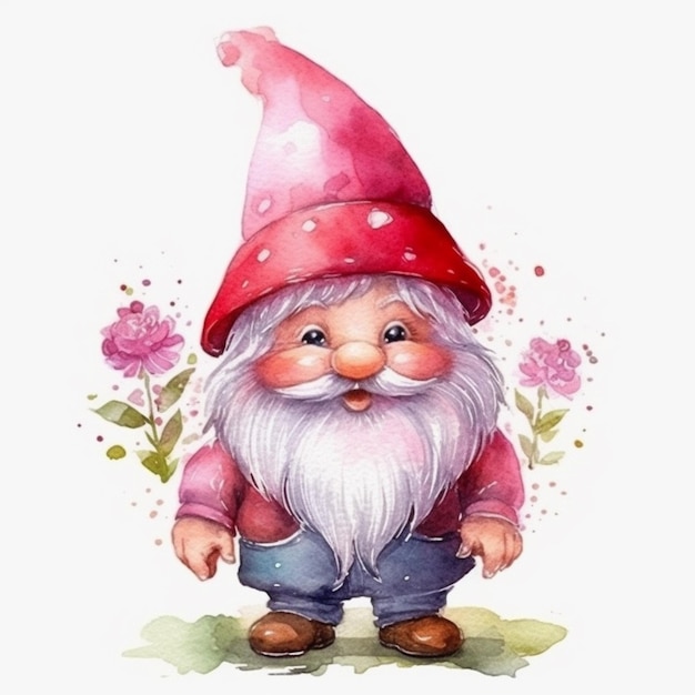 Een aquarel schilderij van een gnome met een roze hoed en blauwe spijkerbroek generatieve ai