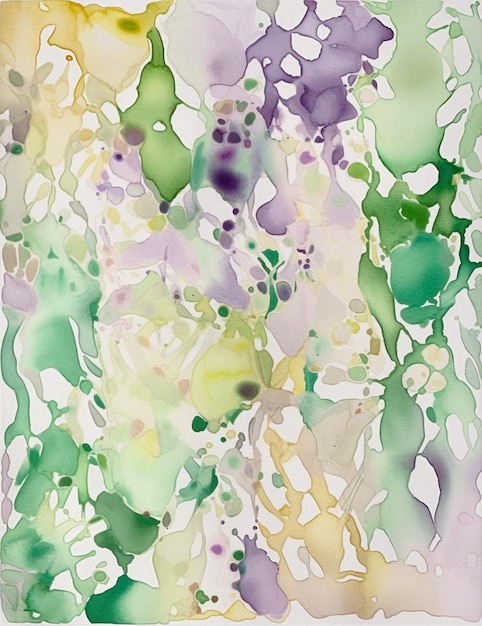 Een aquarel schilderij van een groene en paarse abstracte achtergrond.