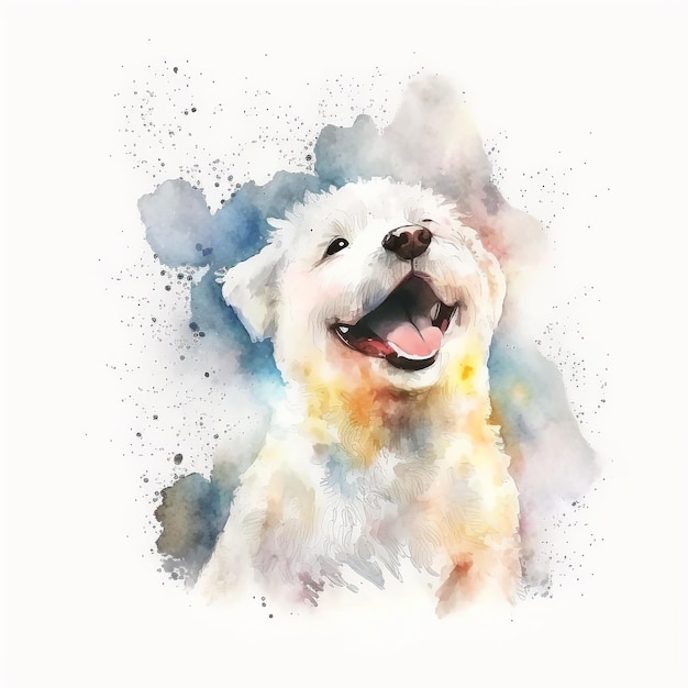 Een aquarel schilderij van een hond met een blauwe achtergrond en de woorden "hond" op de bodem.