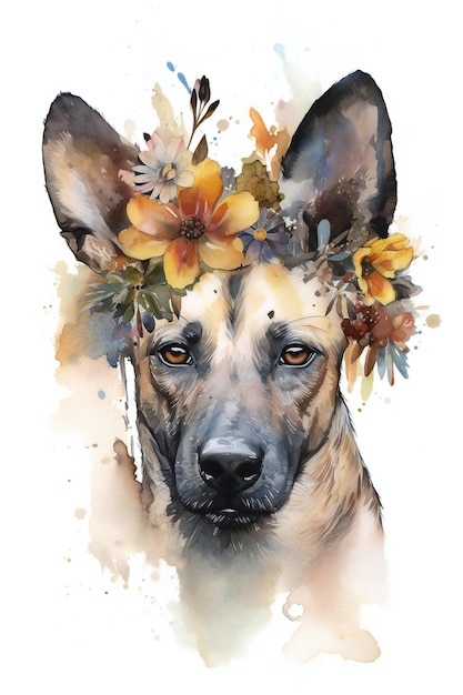 Een aquarel schilderij van een hond met een bloemenkroon.