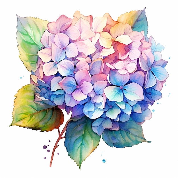 Een aquarel schilderij van een hortensia met groene bladeren.