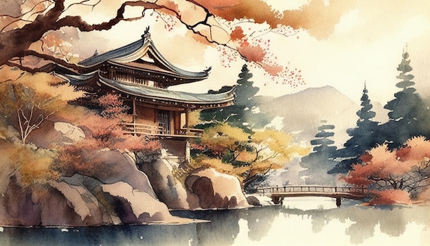 Een aquarel schilderij van een Japanse tempel