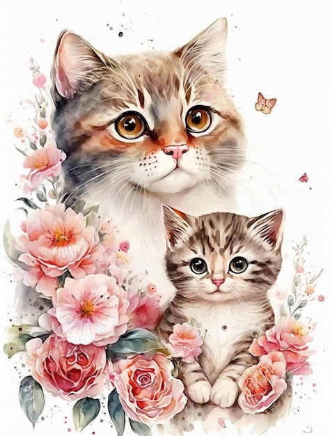Een aquarel schilderij van een kat en haar kitten