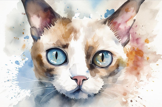 Een aquarel schilderij van een kat met blauwe ogen