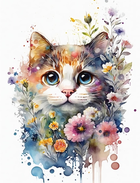 Een aquarel schilderij van een kat met bloemen erop.