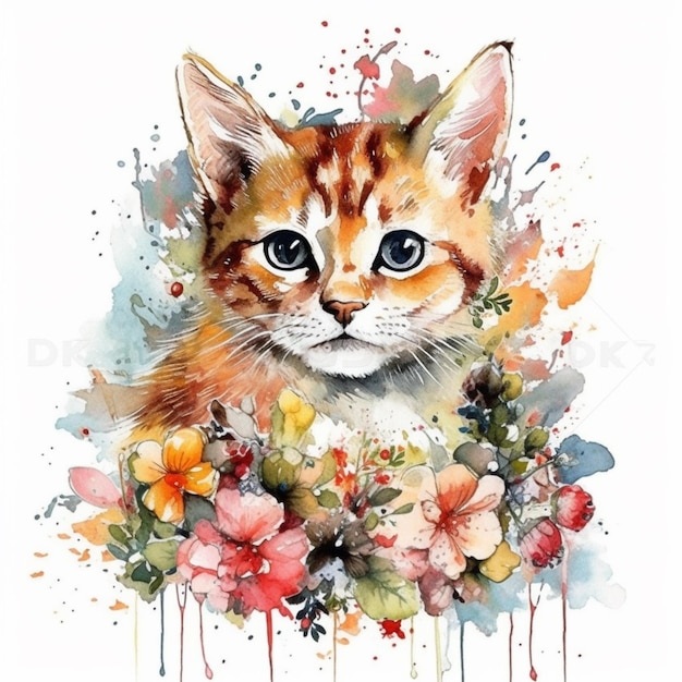 Een aquarel schilderij van een kat met bloemen erop