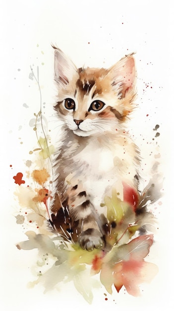 Een aquarel schilderij van een kat met een bruine en witte bontjas.