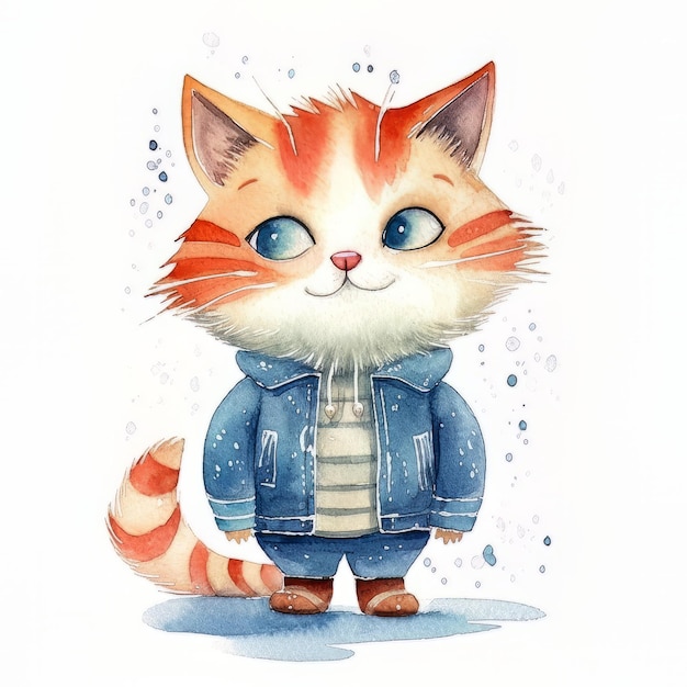 Een aquarel schilderij van een kat met een jas en blauwe ogen.