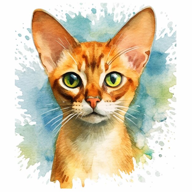 Een aquarel schilderij van een kat met groene ogen.