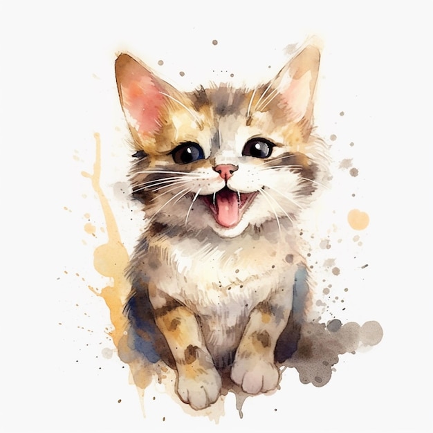 Een aquarel schilderij van een kat met zijn tong uit.