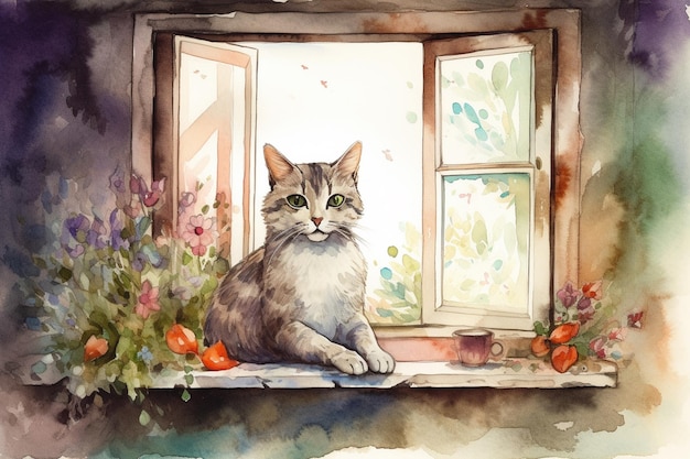 Een aquarel schilderij van een kat op een vensterbank