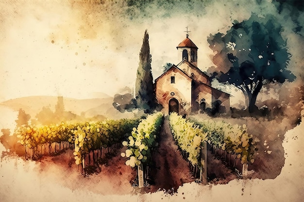 Foto een aquarel schilderij van een kerk in toscane.