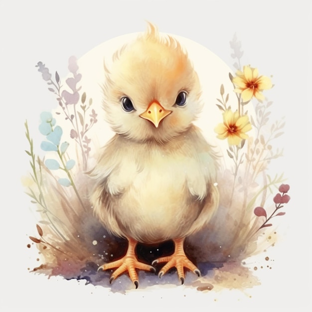 Een aquarel schilderij van een kip met bloemen.