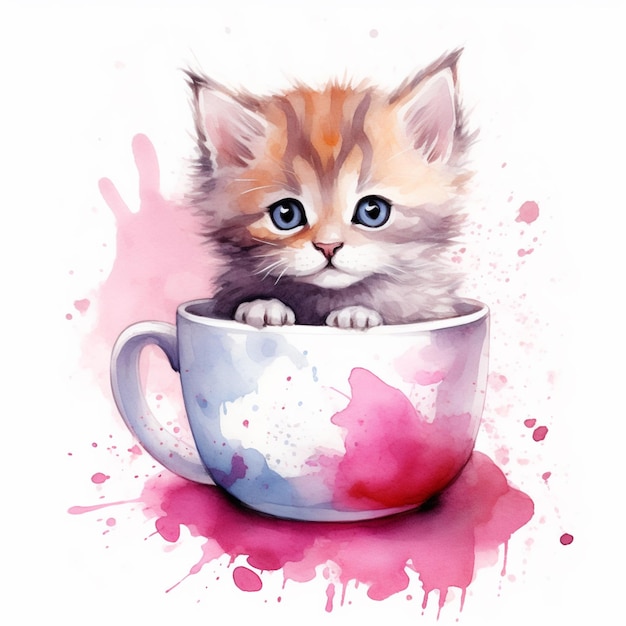 Een aquarel schilderij van een kitten in een kopje