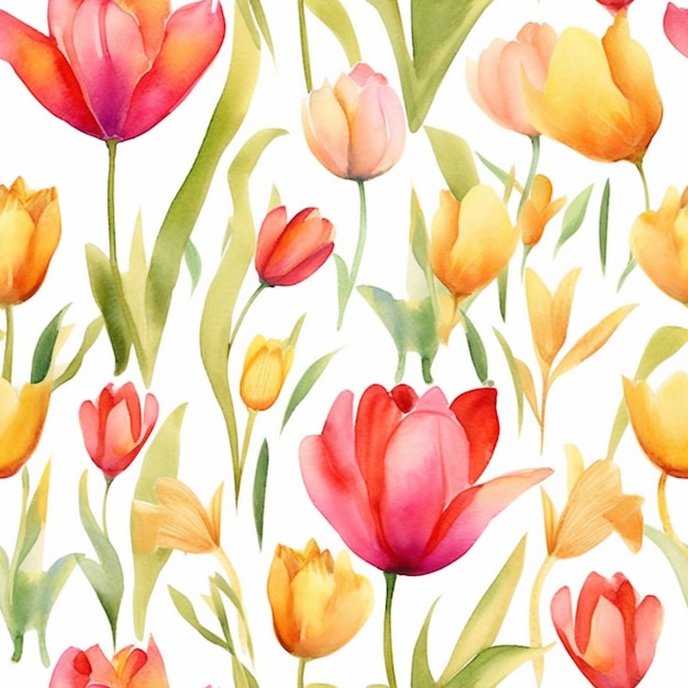 Een aquarel schilderij van een kleurrijke tulpen.