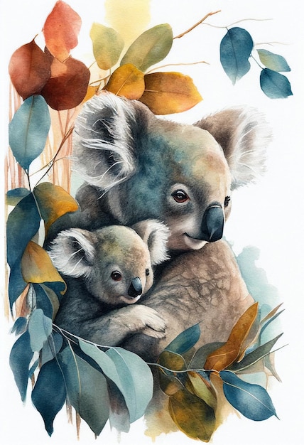 Een aquarel schilderij van een koala en haar baby