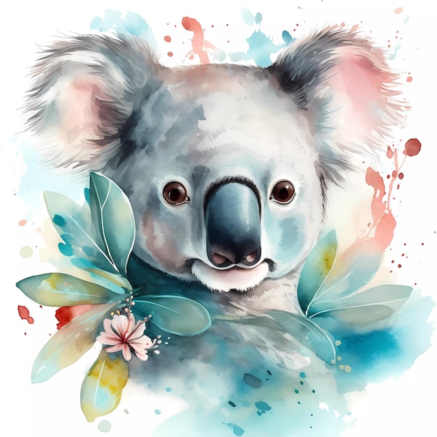 Een aquarel schilderij van een koala met bladeren en bloemen.