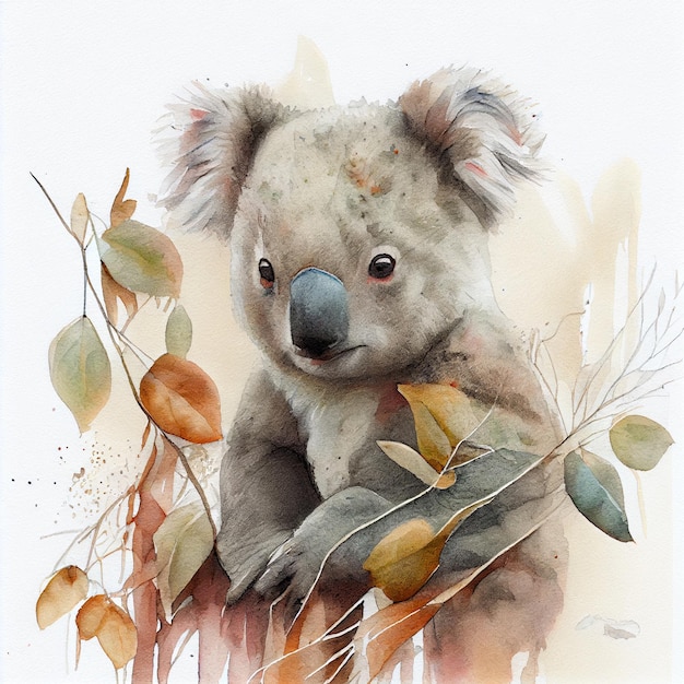 Een aquarel schilderij van een koala met bladeren en het woord koala erop.