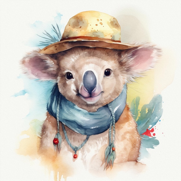 Een aquarel schilderij van een koala met een muts en sjaal.