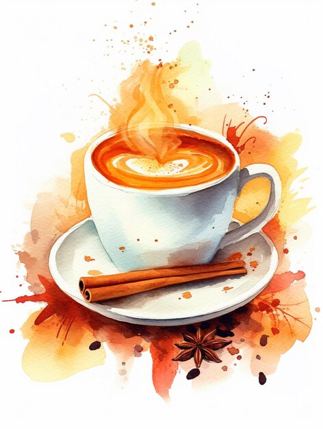 Foto een aquarel schilderij van een kopje koffie met kaneelstokjes op een schoteltje.