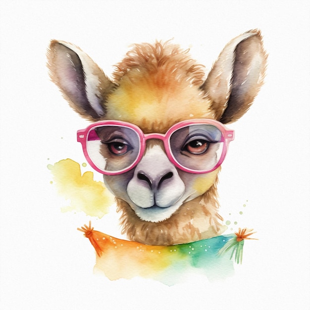 Een aquarel schilderij van een lama met roze bril en een boek.