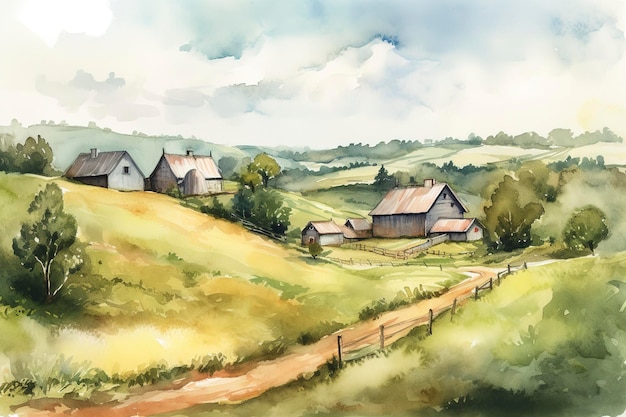 Een aquarel schilderij van een landelijk landschap met een pittoreske boerderij of schuur glooiende heuvels en een blauwe lucht met pluizige wolken genereren ai