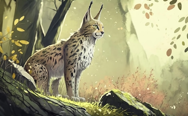 Een aquarel schilderij van een lynx in het bos. illustraties voor kinderen cartoon-stijl ai gegenereerd