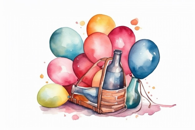 Een aquarel schilderij van een mand met ballonnen en een fles