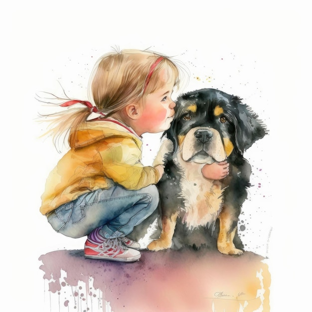 Een aquarel schilderij van een meisje dat een Berner Sennenhond kust.