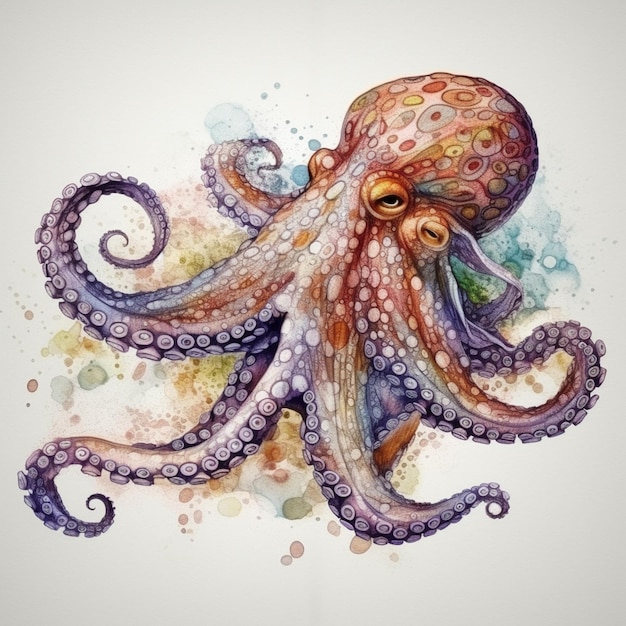 Een aquarel schilderij van een octopus met een geel oog.