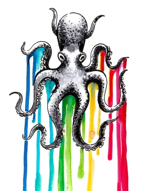 Een aquarel schilderij van een octopus met regenboogkleuren erop.