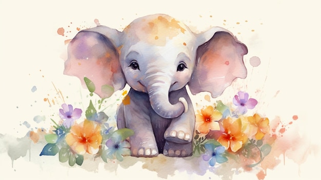 een aquarel schilderij van een olifant met bloemen en een olifant.