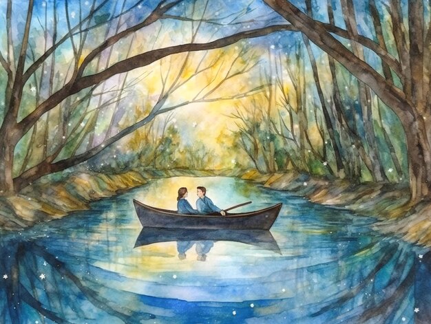 Een aquarel schilderij van een paar in een boot op een rivier met bomen op de achtergrond