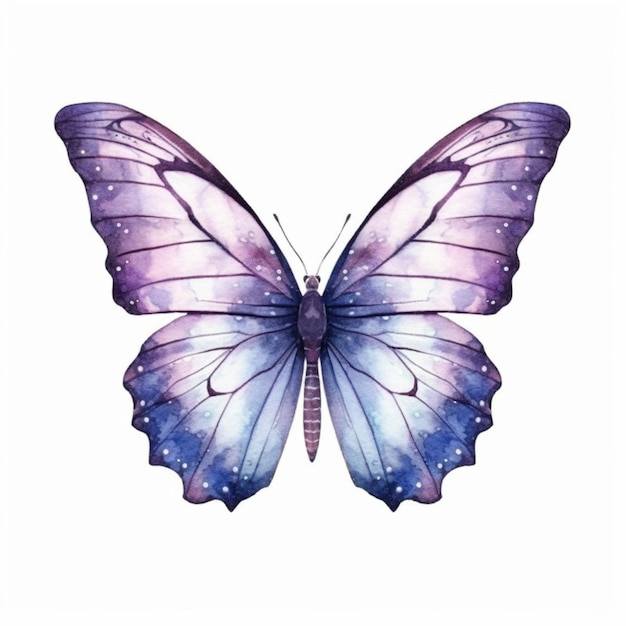 Een aquarel schilderij van een paarse vlinder met blauwe vleugels generatieve ai