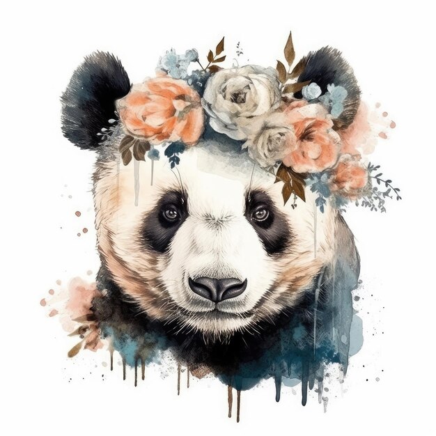 Een aquarel schilderij van een panda met bloemen.