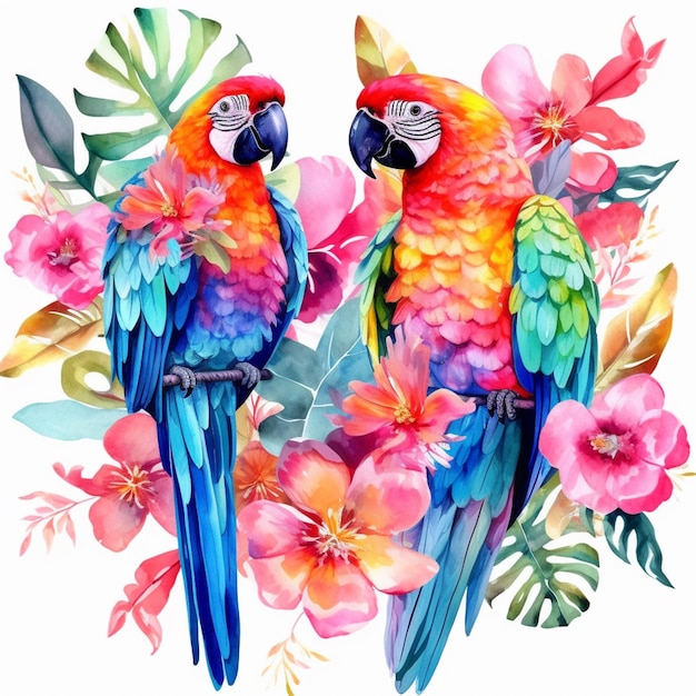 Een aquarel schilderij van een papegaai en tropische bloemen.