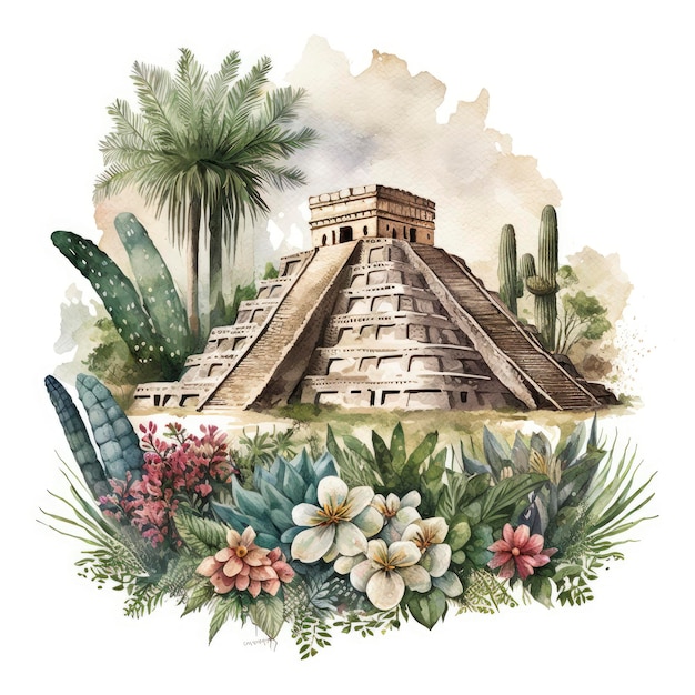 Een aquarel schilderij van een piramide met een cactus en een bloem.