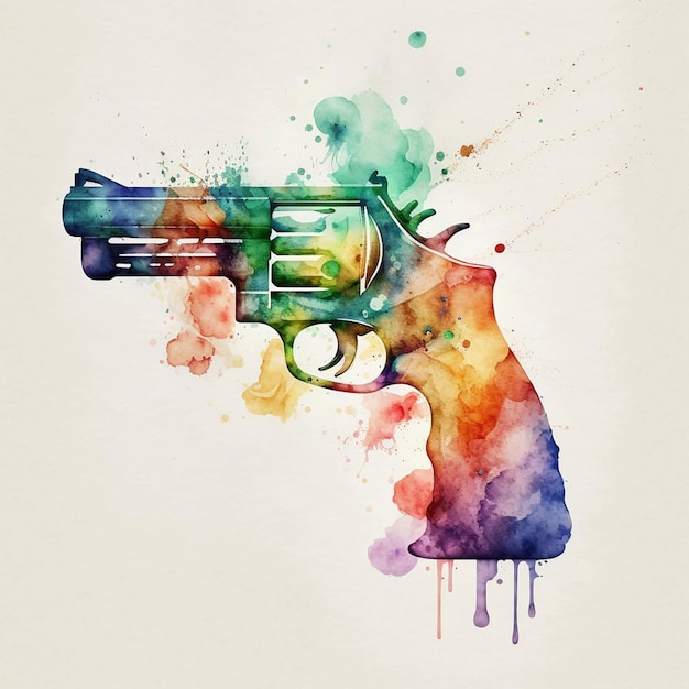 Een aquarel schilderij van een pistool met het woord "pistool" erop.