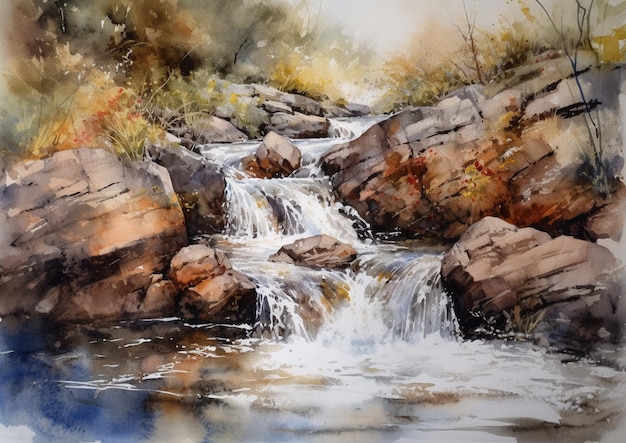 Een aquarel schilderij van een rivier met rotsen en een waterval.