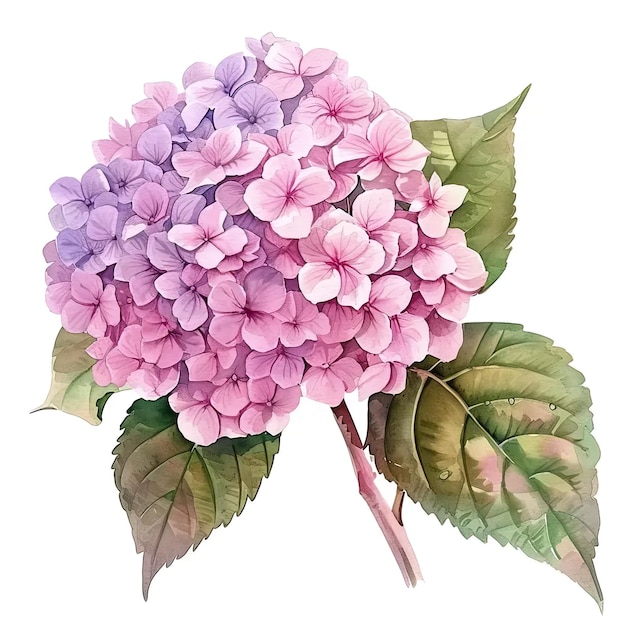 Een aquarel schilderij van een roze en paarse hortensia