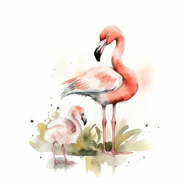 Een aquarel schilderij van een roze flamingo en zijn baby.