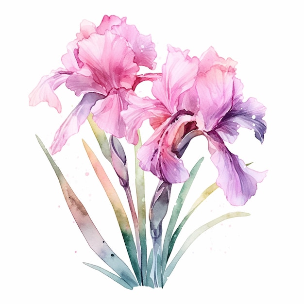 Een aquarel schilderij van een roze iris met groene bladeren.