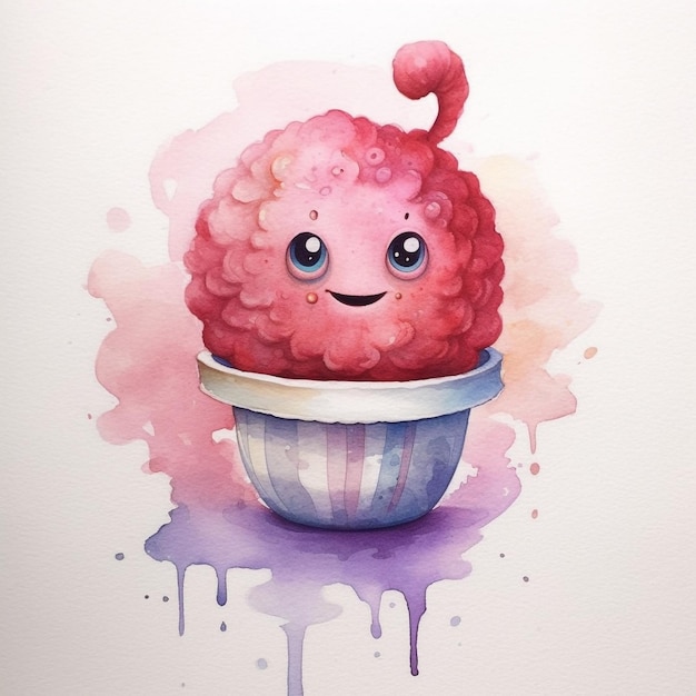 Een aquarel schilderij van een roze muffin met een lachend gezicht.