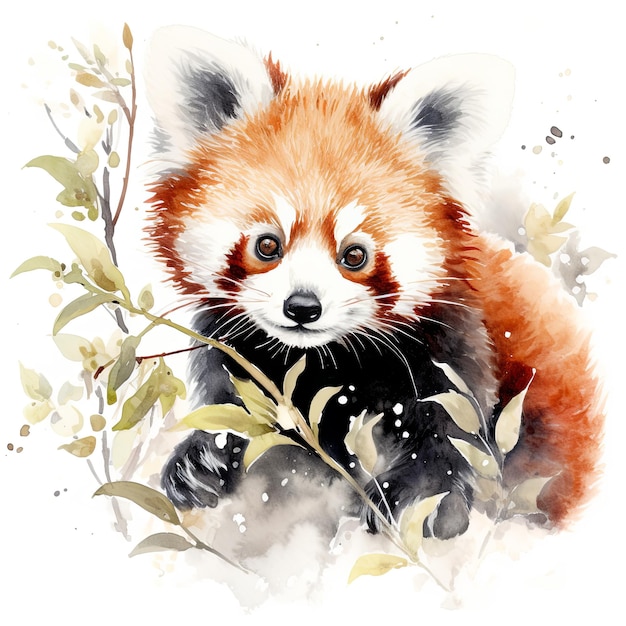 Foto een aquarel schilderij van een schattige rode panda op een witte achtergrond portret met bamboe