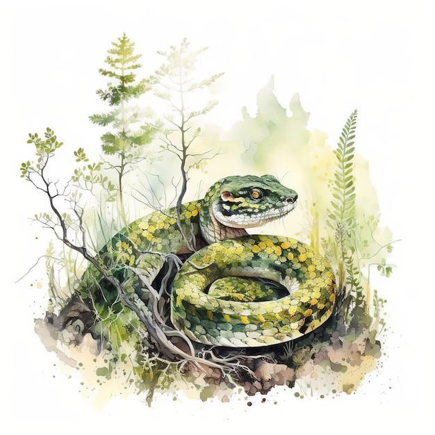 Een aquarel schilderij van een slang met een groen lichaam en een gele kop.