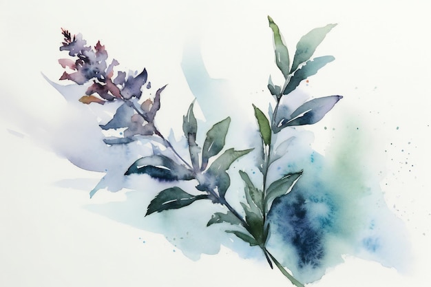 Een aquarel schilderij van een tak van een lila plant.