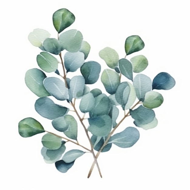 Een aquarel schilderij van een tak van eucalyptus bladeren generatieve ai