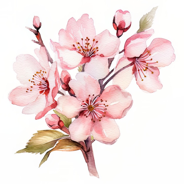 Een aquarel schilderij van een tak van kersenbloesems met roze bloemen.